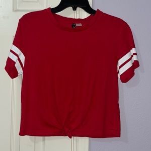 H&M red tee with stripes on sleeves